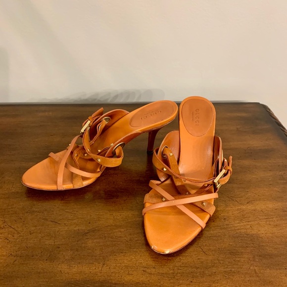 GUCCI - Orange/Rust color Suede & Leather -Studded High Heel Sandals - Picture 3 of 8